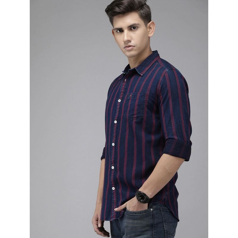 The Bear House Men Navy Blue Slim Fit Striped Cotton Casual Shirt (M)