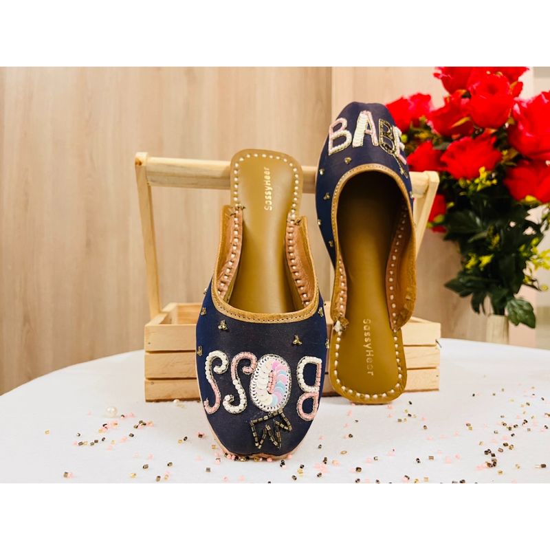 SassyHeer Boss Babe Navy Blue Embellished Open Back Mules (EURO 36)