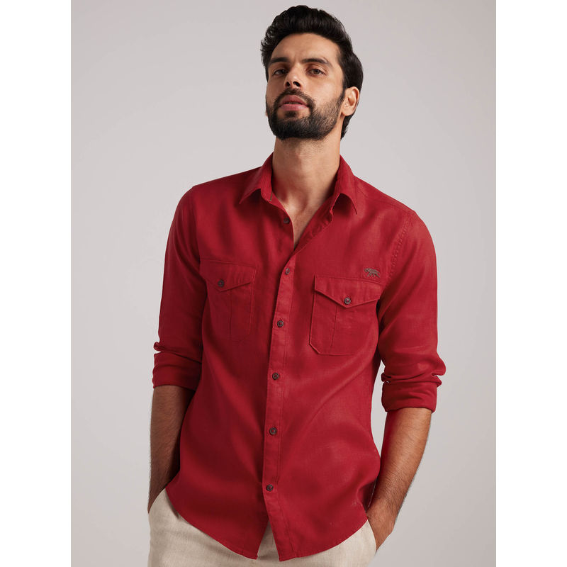 Andamen Red Men Linen Chested Pocket Regular Fit Shirt (L)