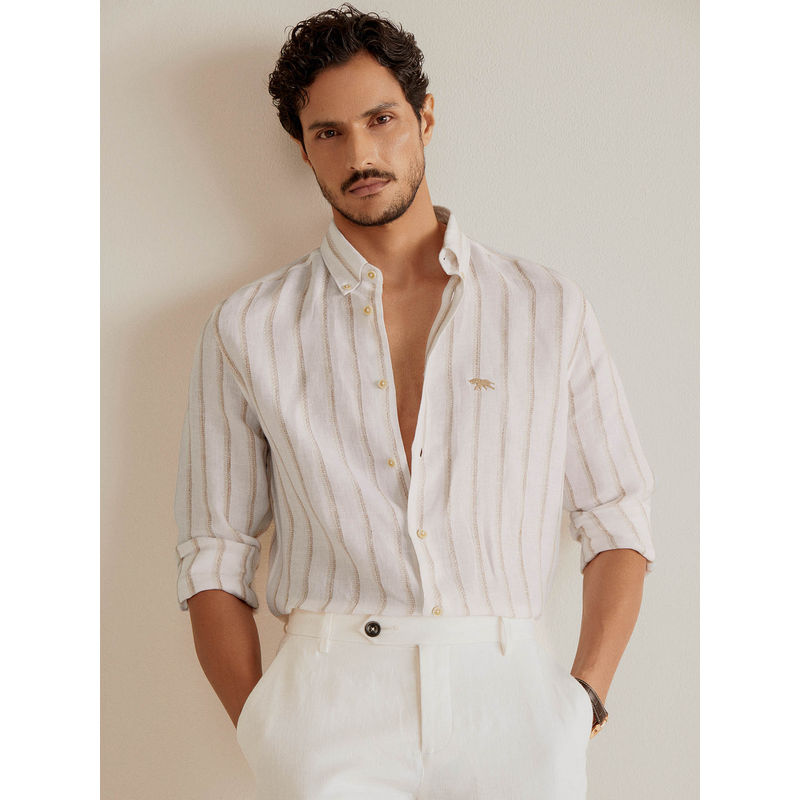 Andamen White Men Linen Stripes Regular Fit Shirt (XL)