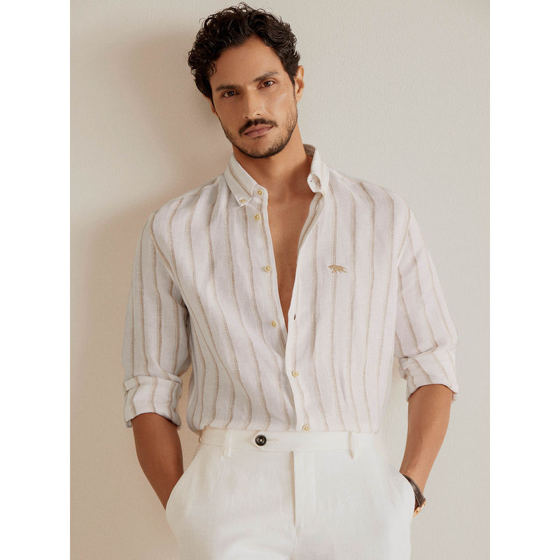 Andamen White Men Linen Stripes Slim Fit Shirt (S)