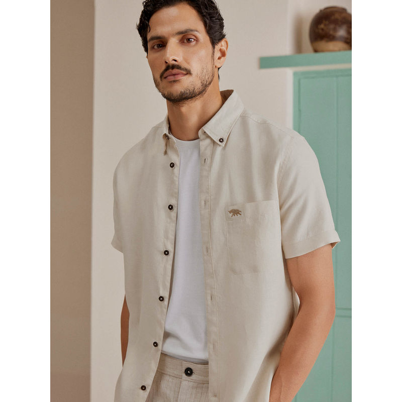 Andamen Beige Men Linen Chested Pocket Half Sleeve Slim Fit Shirt (S)