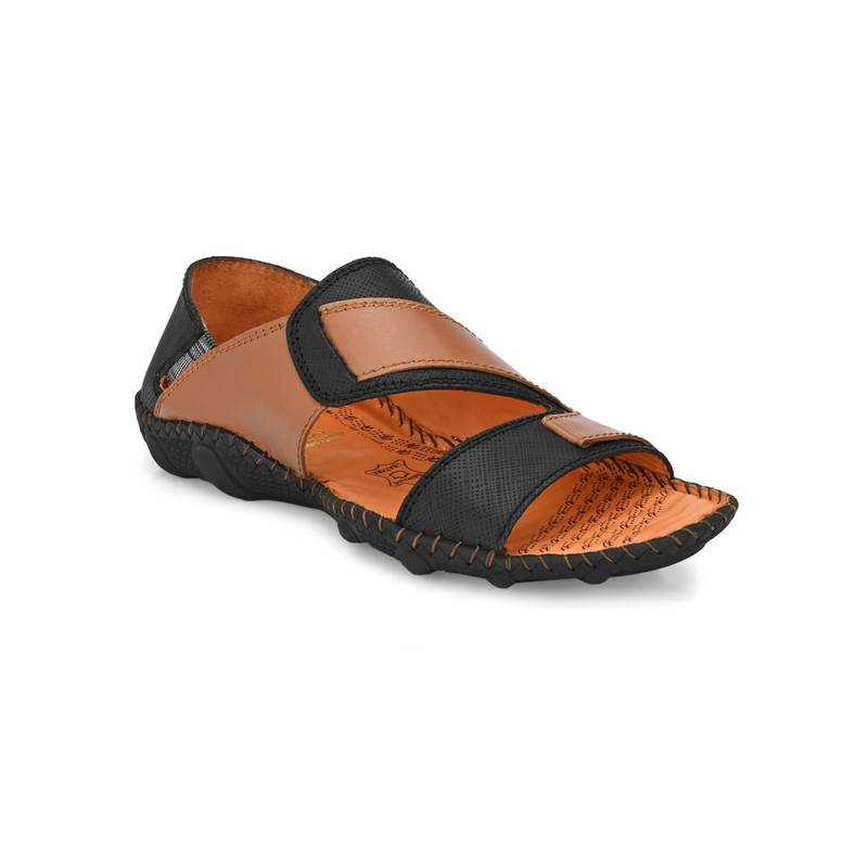Hitz Men's Black Tan Leather Slip-On Casual Sandals (UK 10)