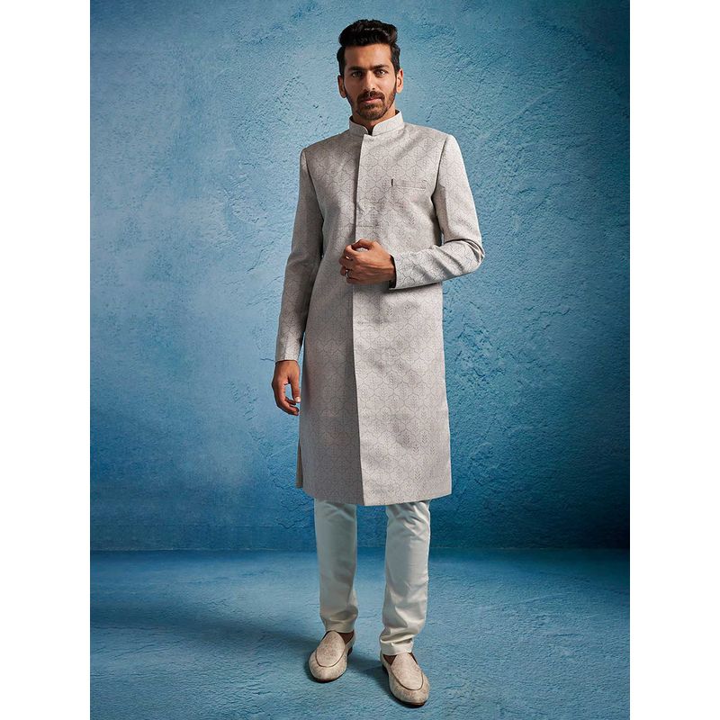 Vastramay Men Grey Kenzo Jacquard Silk Blend Sherwani With Cream Pyjama (L)