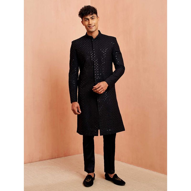 Vastramay Men Black Sequin Embroidered Rayon Sherwani With Fine Satin Pyjama (XL)