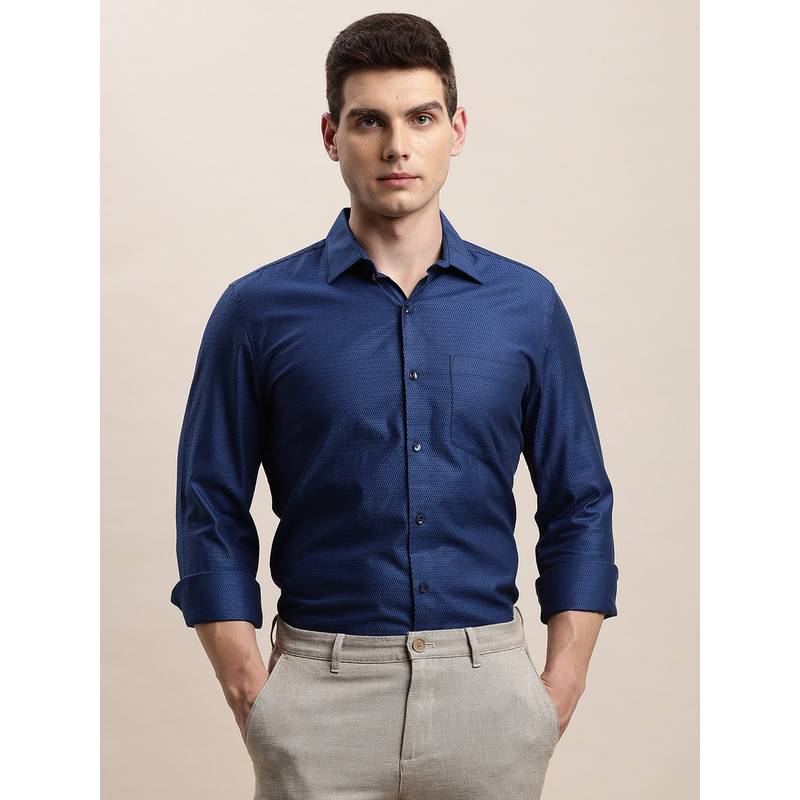Turtle Men Pure Cotton Slim Fit Dobby/Structure Blue Formal Shirt (39)