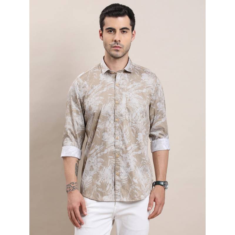 Turtle Men Pure Cotton Slim Fit Pigment Print Brown Casual Shirt (38)