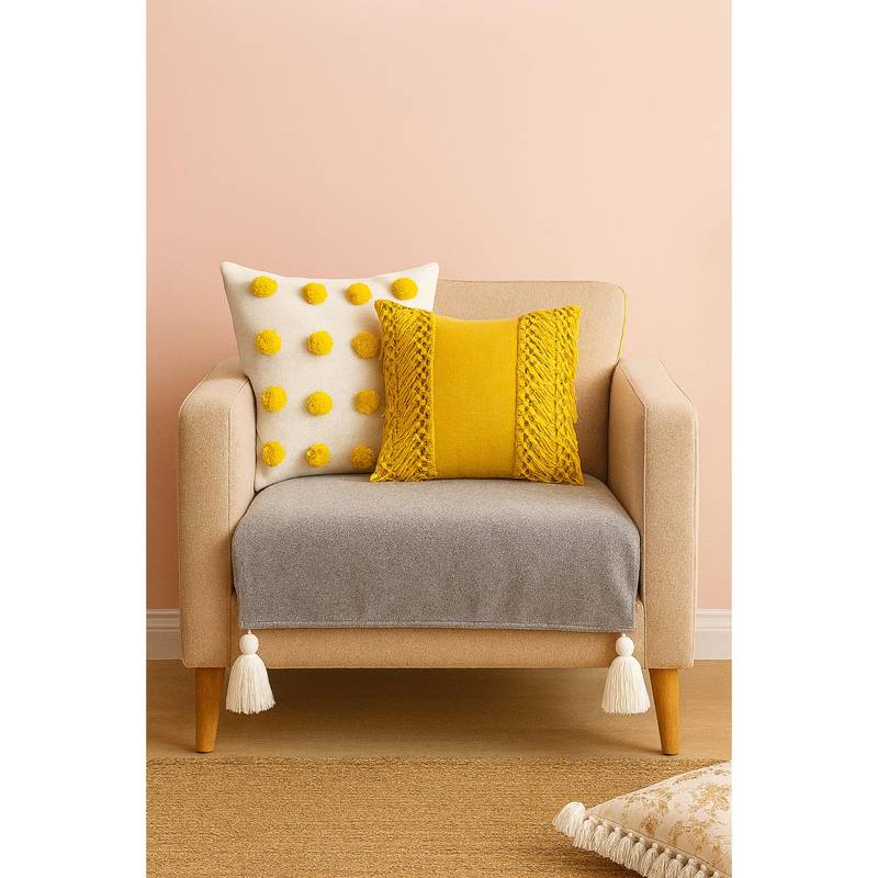 THROW PILLOW Light Grey with White Corner Tassels Sofa Cover (1 Seaters)