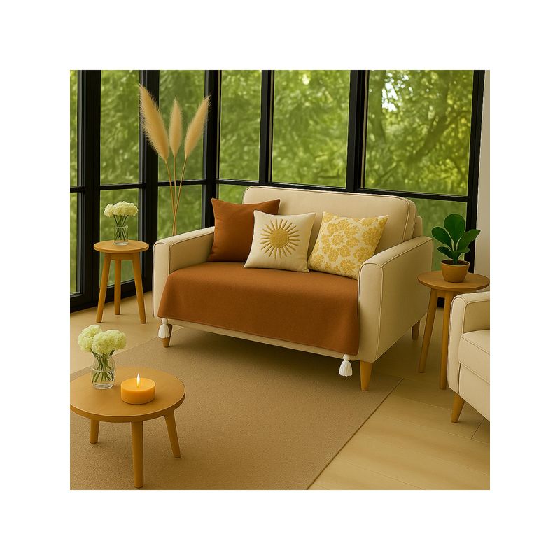 THROW PILLOW Almond Brown with White Corner Tassels Sofa Cover (1 Seaters)