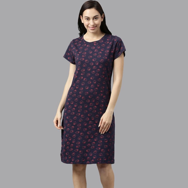 Kryptic Navy Blue Printed Cotton Nightdress (2XL)