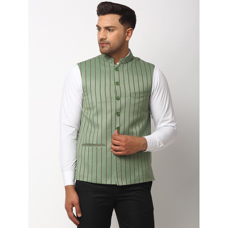 NEUDIS Striped Wool Nehru Jacket- Green (38)