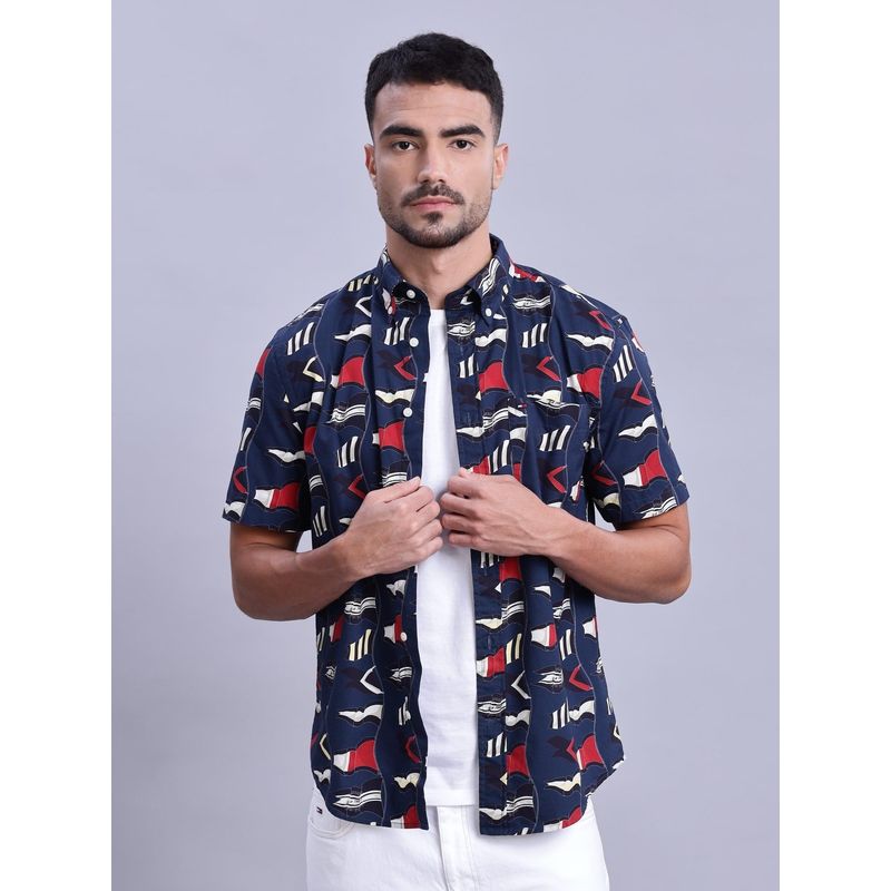 Tommy Hilfiger Abstract Regular-Fit Poplin Woven Shirt Navy Blue (L)