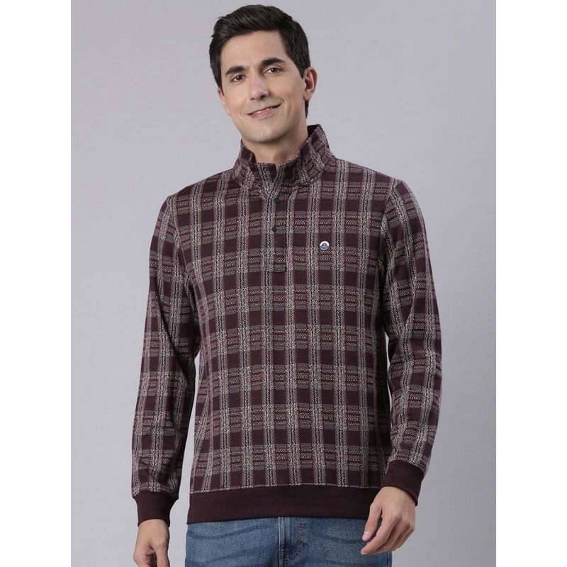 Classic Polo Burgundy High Neck Button Checked Sweatshirt (M)