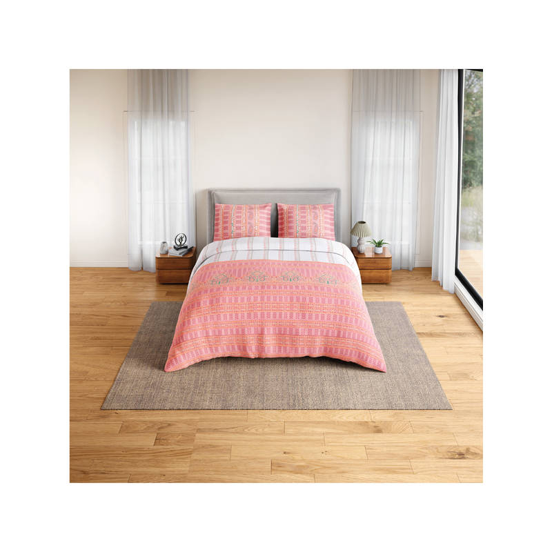 SPACES Pink Fiora Cotton 144 TC Percale Ornate Bedsheet with 2 Pillow Covers (King)