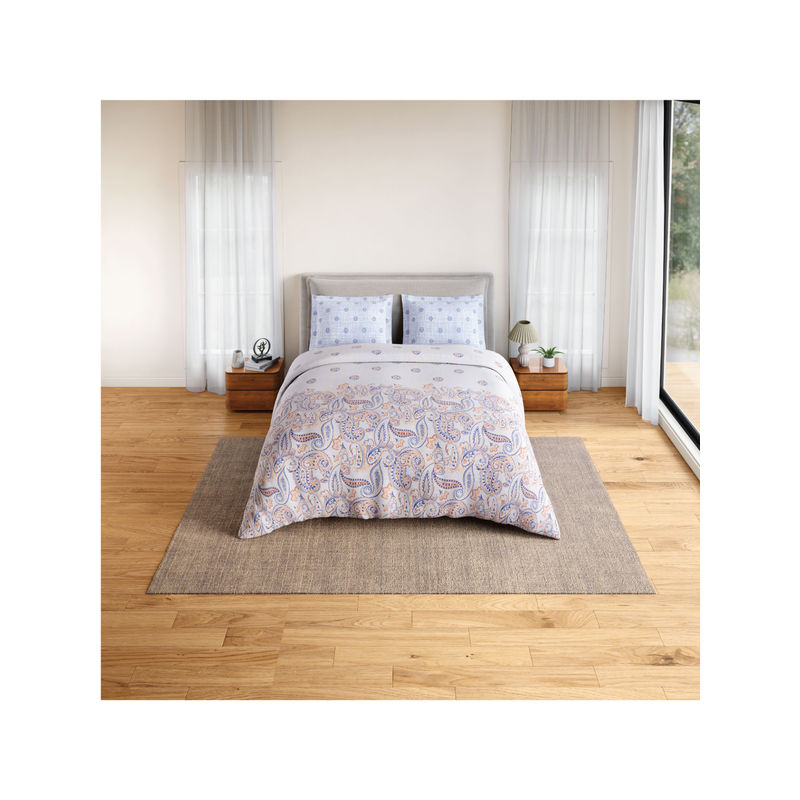 SPACES Beige Fiora Cotton 144 TC Percale Ornate Bedsheet with 2 Pillow Covers (Double)