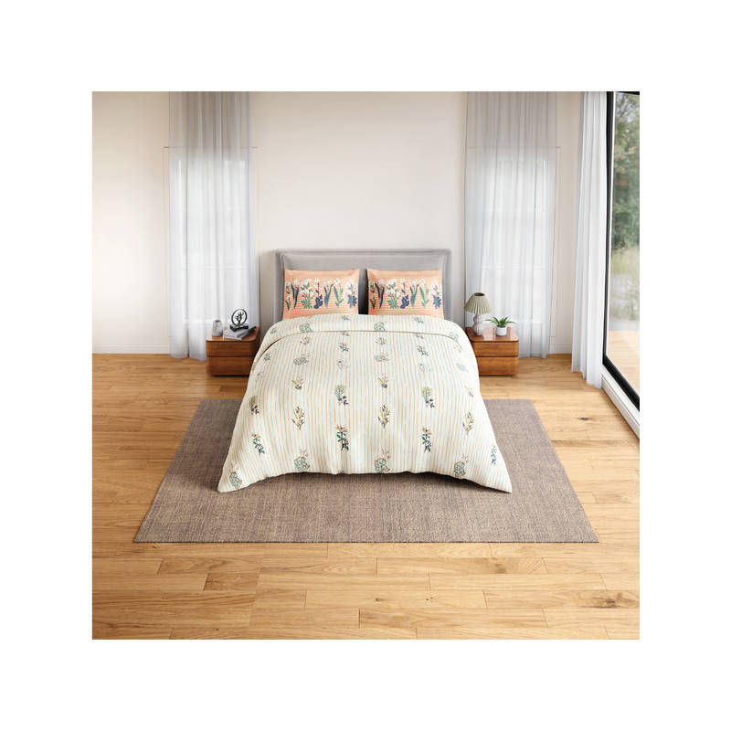 SPACES Beige Fiora Cotton 144 TC Percale Bedsheet with 2 Pillow Covers (Double)