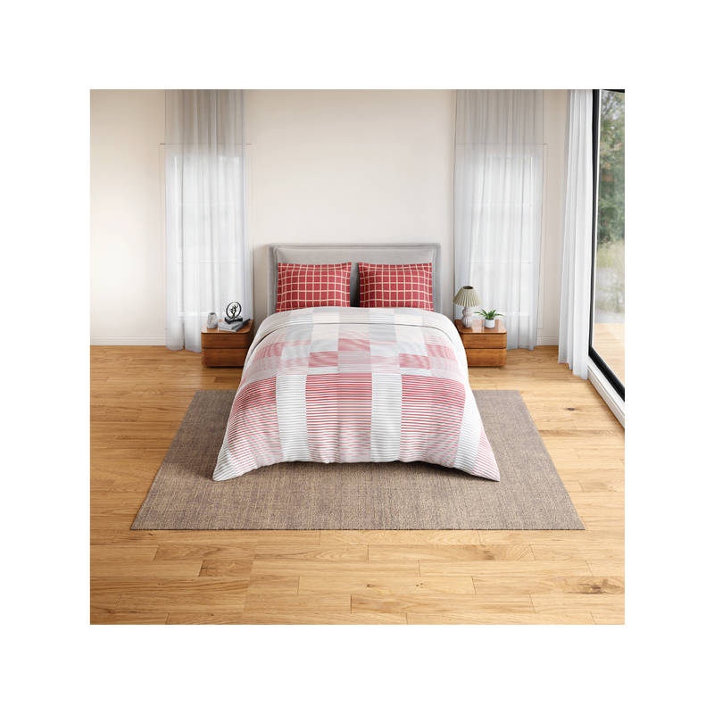 SPACES Pink Fiora Cotton 144 TC Percale Geometric Fitted Bedsheet with 2 Pillow Covers (Queen)