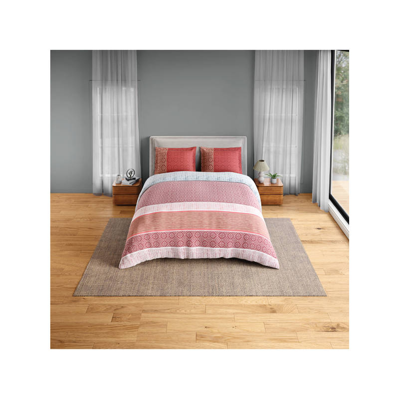 SPACES Red Fiora Cotton 144 TC Percale Geometric Fitted Bedsheet with 2 Pillow Covers (Queen)