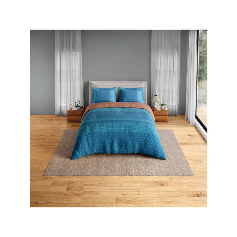 SPACES Blue Fiora Cotton 144 TC Percale Geometric Fitted Bedsheet with 2 Pillow Covers (Queen)