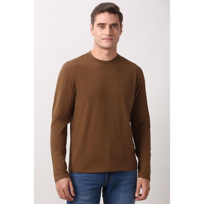 Peter England Men Brown Solid Round Crew Neck T-Shirt (S)