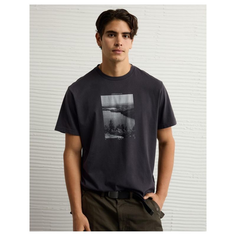 American Eagle Men Faded Black Logo Graphic T-Shirt (S)