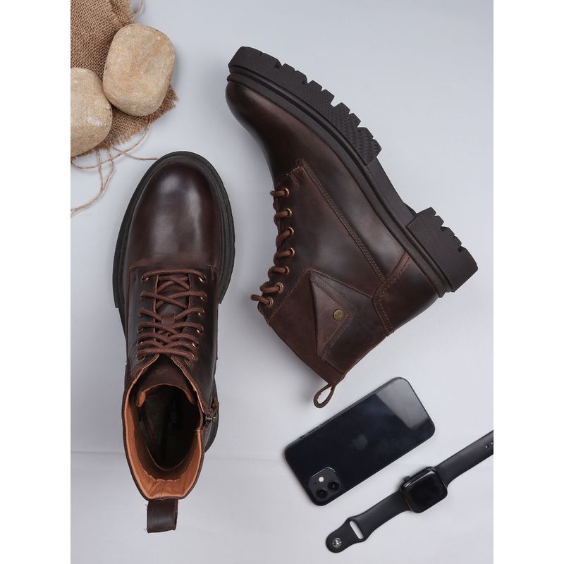 EZOK Men Chocolate Solid Pattern Lace Up Leather Boots (UK 9)