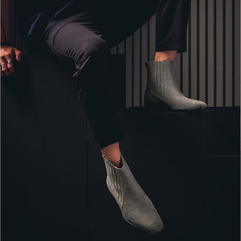 Saint G Ollie Grey Croco Print Suede Leather Chelsea Boots (UK 6)