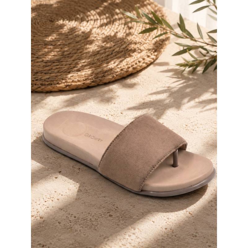 Indifeet x Groway Women Brown Suede Broad-Strap Casual Sliders (EURO 39)
