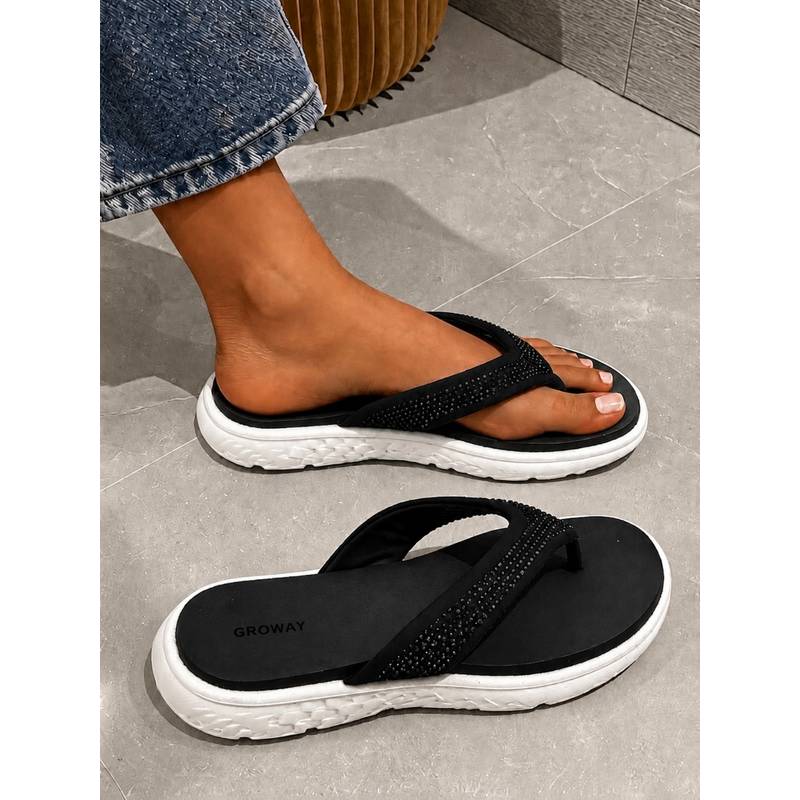 Indifeet x Groway Women Black Studded Thong Flipflops (EURO 37)