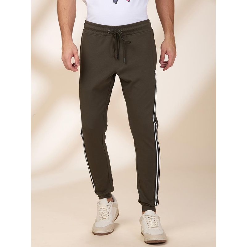 Being Human Men Vertical-Stripes Olive Blended Joggers (M)