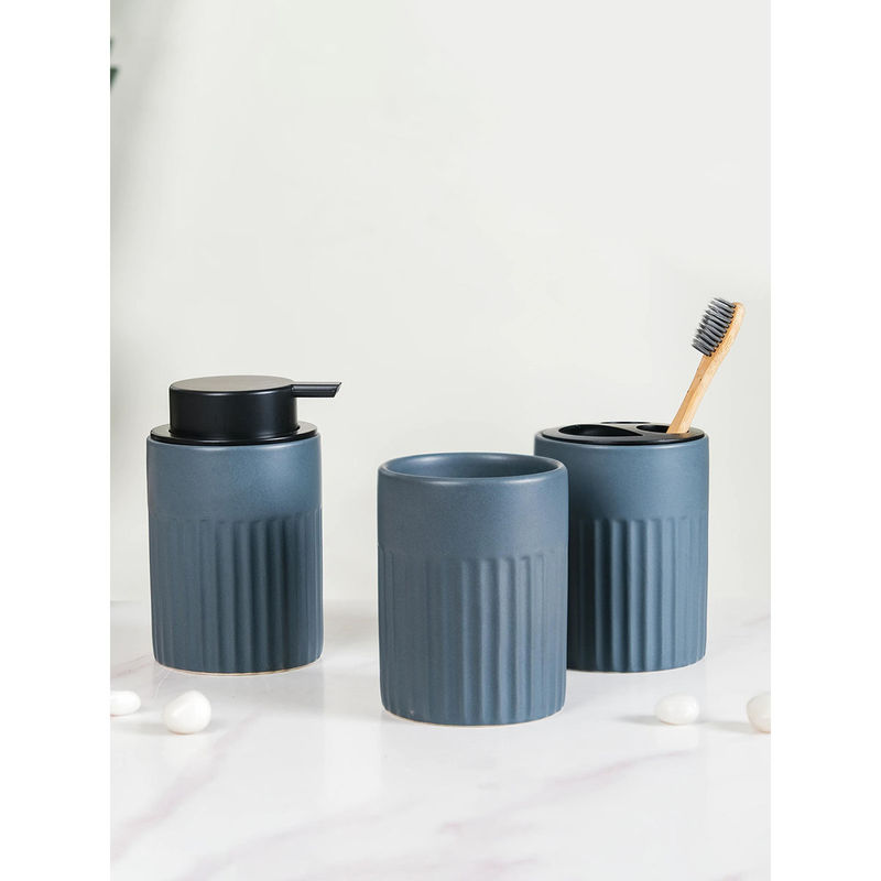 Buy Nestasia 3Pcs Bluish Grey Ribbed Sleek Matte Textured Ceramic