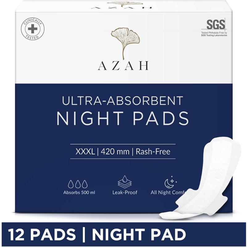 Azah XXXL Night Sanitary Pads For Women, Extra Large Night Pads , 3x More Leakproof - Box of 12
