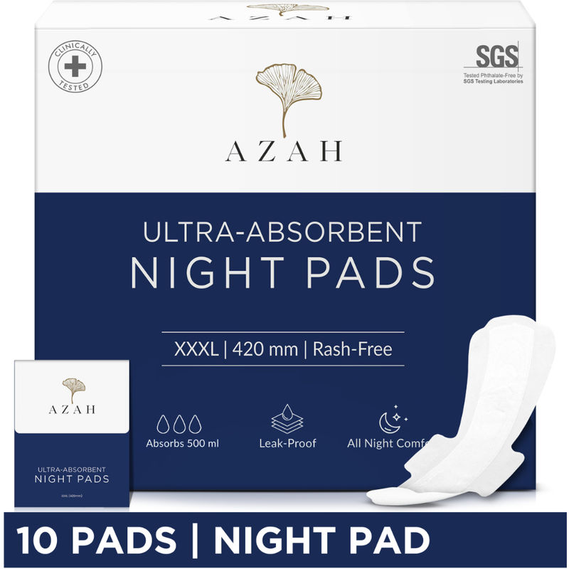 Azah XXXL Night Sanitary Pads For Women, Extra Large Night Pads , 3x More Leakproof - Box of 10
