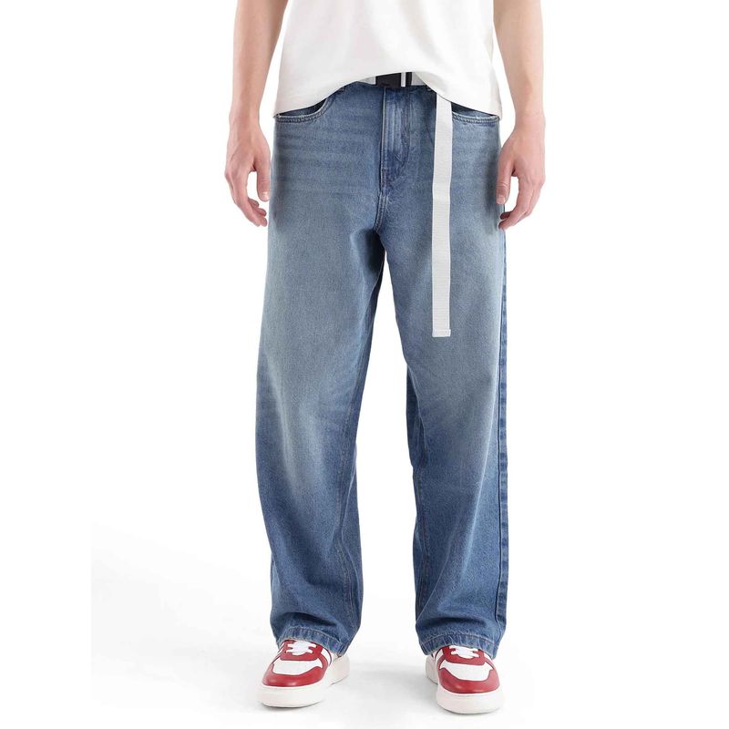 Rare Rabbit Blue Solid Loose Fit Jeans (36)