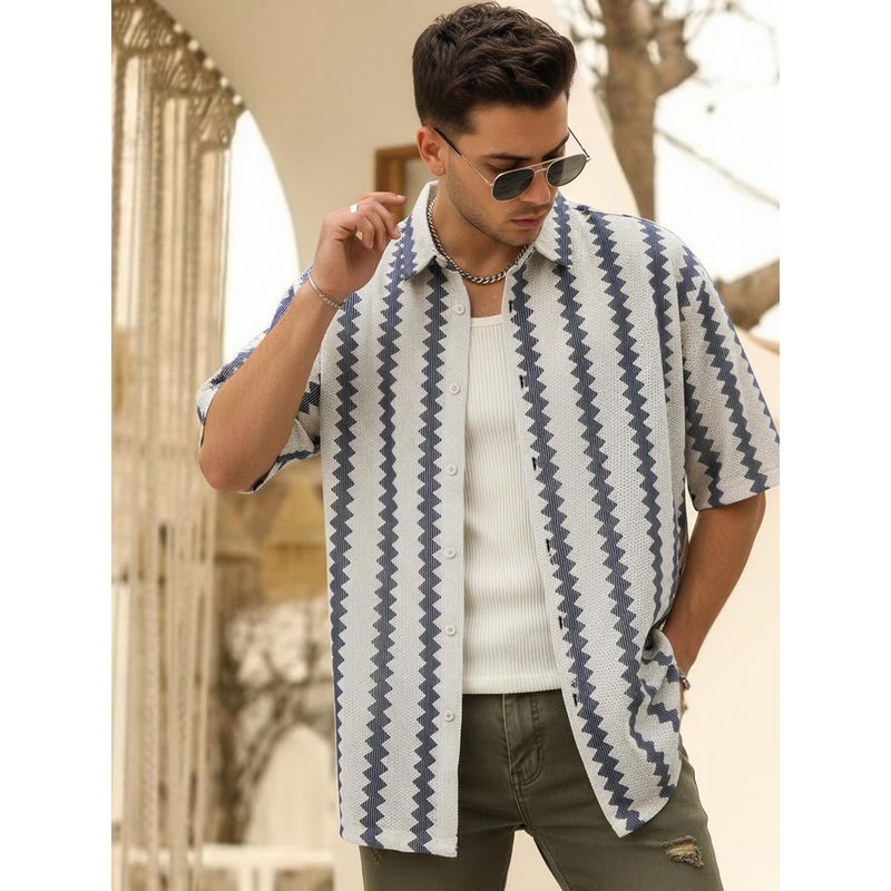 Bewakoof Men's Off White & Blue Textured Oversized Shirt (S)