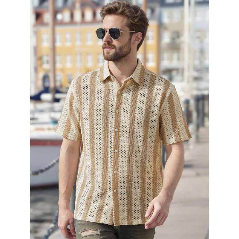 Bewakoof Men's Beige & Brown Textured Oversized Shirt (S)