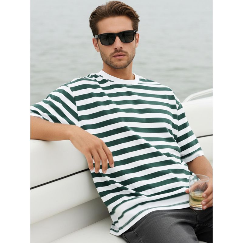 Bewakoof Men Green And White Striped Oversized T-Shirt (S)