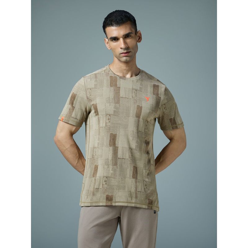 Technosport Khaki Men Jacquard Slim Fit Round Neck Sports T-Shirt with Double Cool (XL)