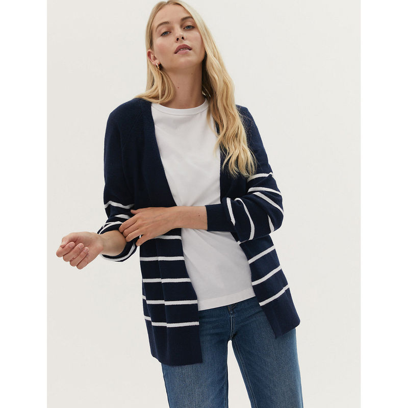 Marks & Spencer Recycled Blend Striped Relaxed Navy Blue Cardigan (Set