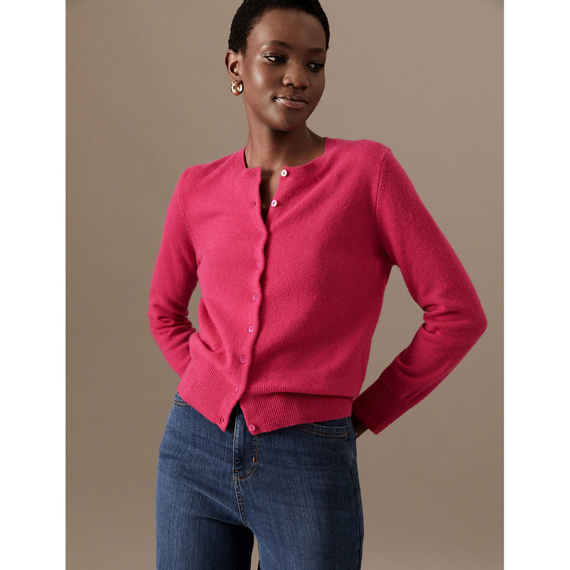 Buy Marks & Spencer Pure Cashmere Crew Neck Pink Cardigan Online