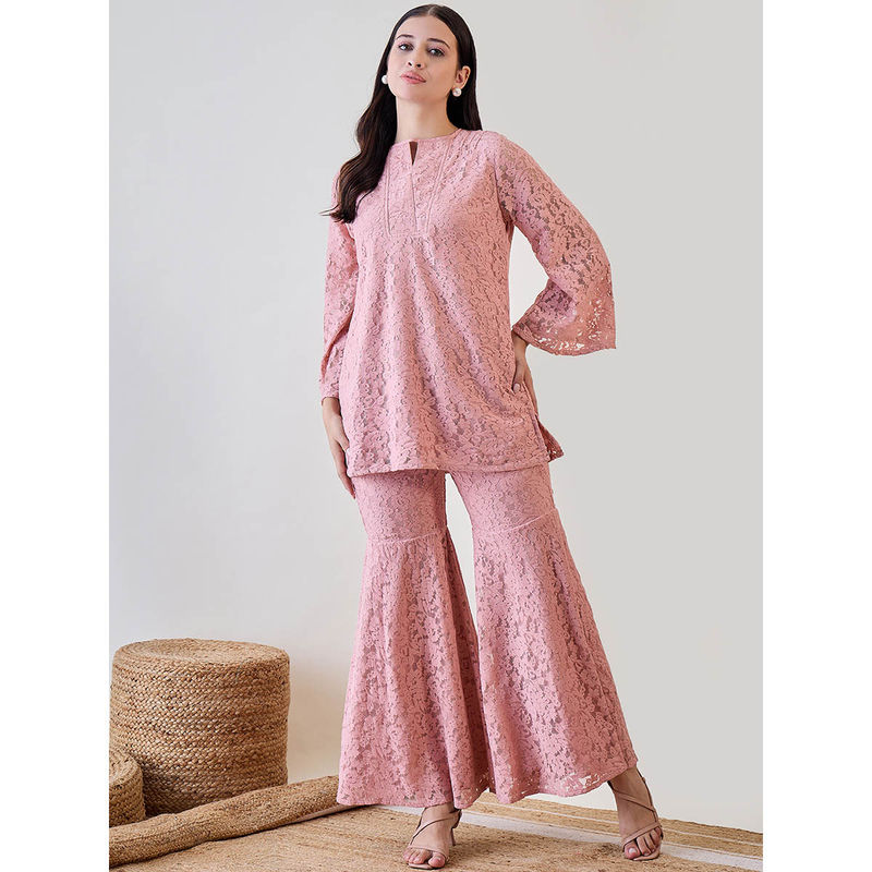 The Kaftan Company Pink Sheer Embroidered Lace Co-Ord Set (L)