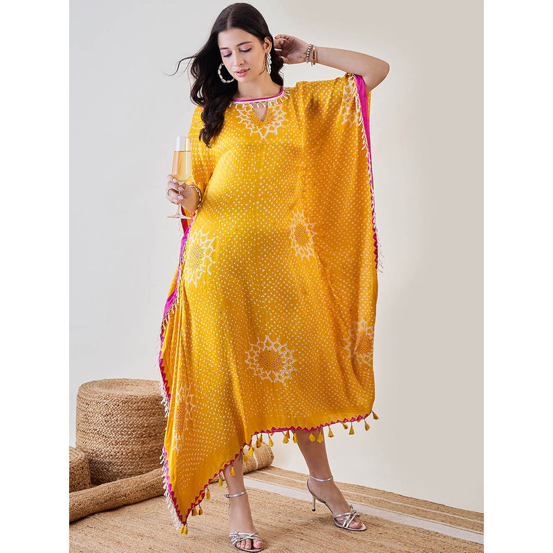 The Kaftan Company Yellow Pure Silk Bandhani Kaftan with Pearl Lace (XL)