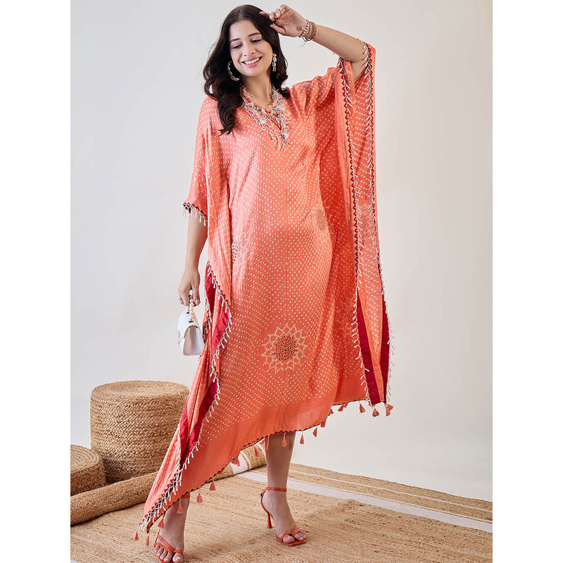 The Kaftan Company Peach Pure Silk Bandhani Kaftan with Pearl Lace (M)