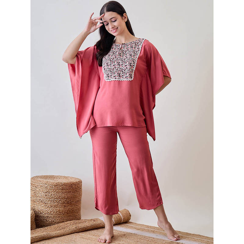 The Kaftan Company Floral Yoke Lace Detailed Pink Soft Modal Kaftan and Pant (Set of 2) (S)