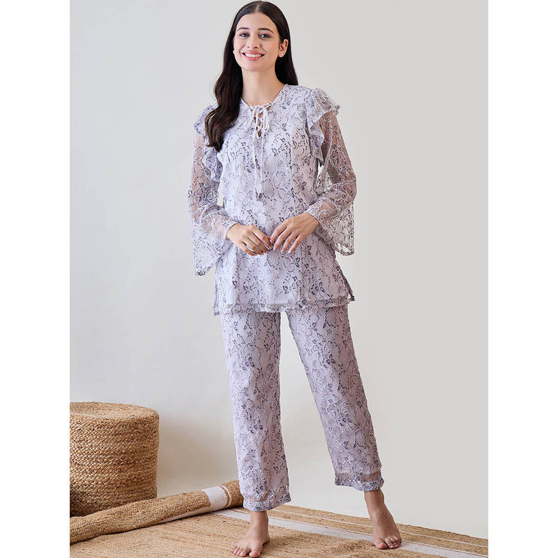 The Kaftan Company Purple and White Frilled, Delicate, Sheer Lace Top and Pajamas (Set of 2) (S)