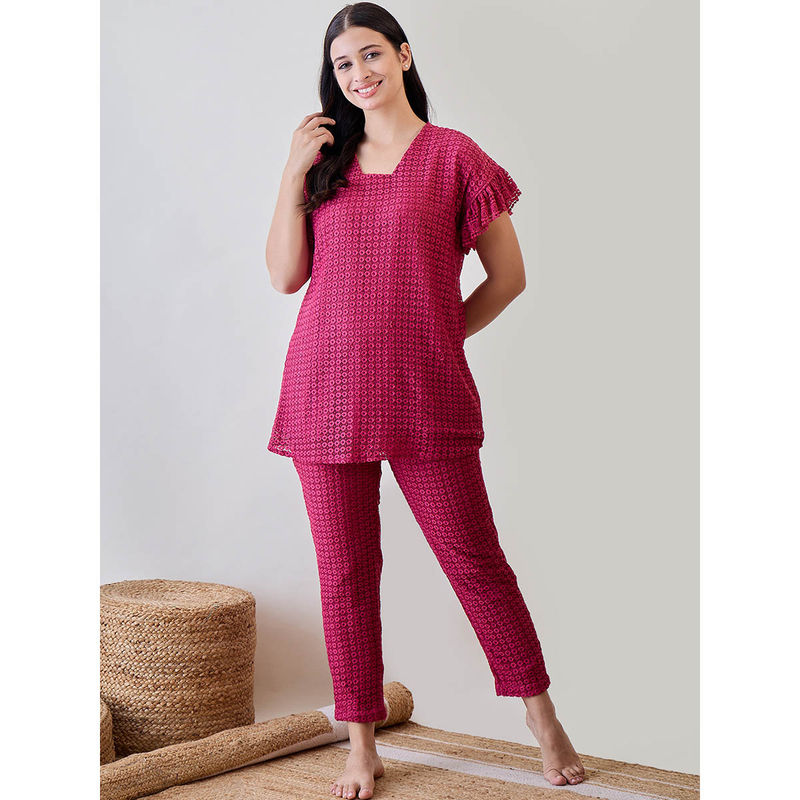 The Kaftan Company Pink Textured Lace Ruffled Top and Pajama (Set of 2) (S)
