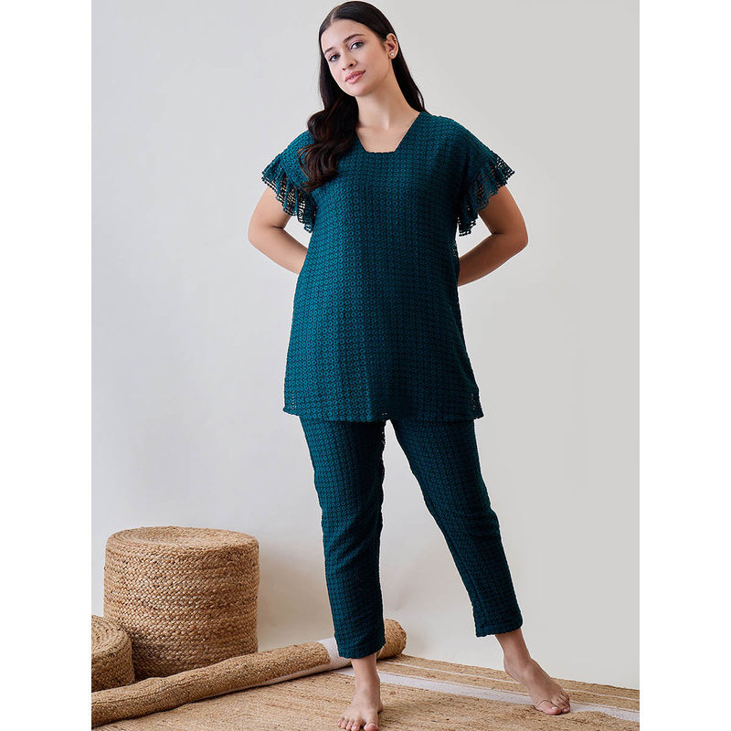 The Kaftan Company Teal Green Textured Lace Ruffled Top and Pajama (M)