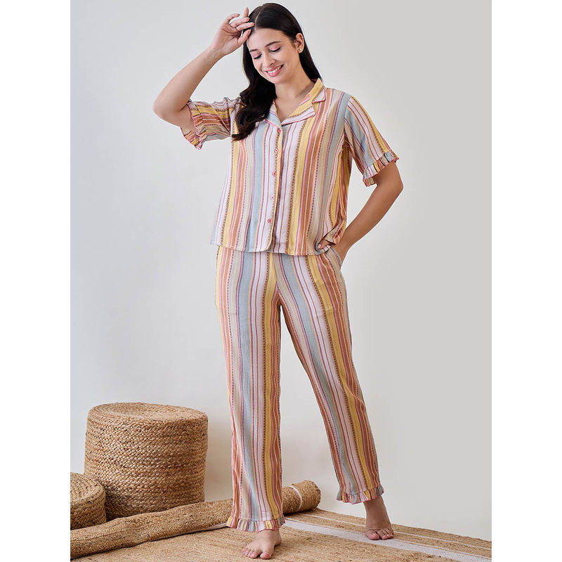 The Kaftan Company Multicoloured Viscose Crinkled Striped Shirt and Pajama (Set of 2) (S)