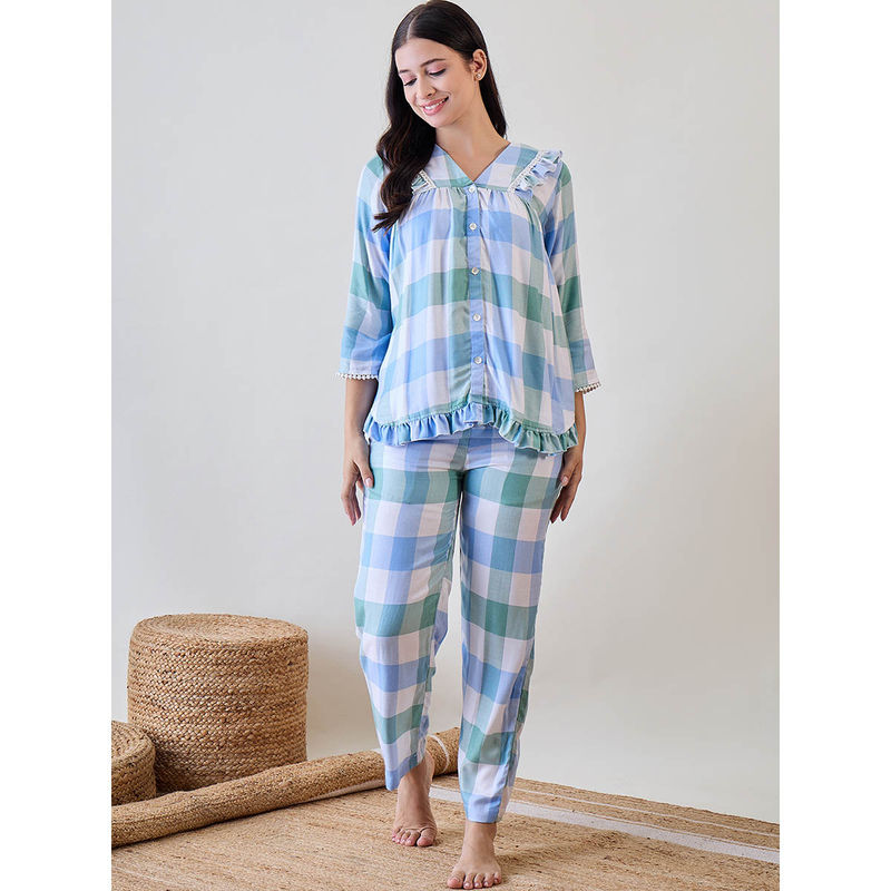 The Kaftan Company Blue and Green Checks Ruffled Cute Viscose Top with Pajama with Lace Detail (Set of 2) (3XL)