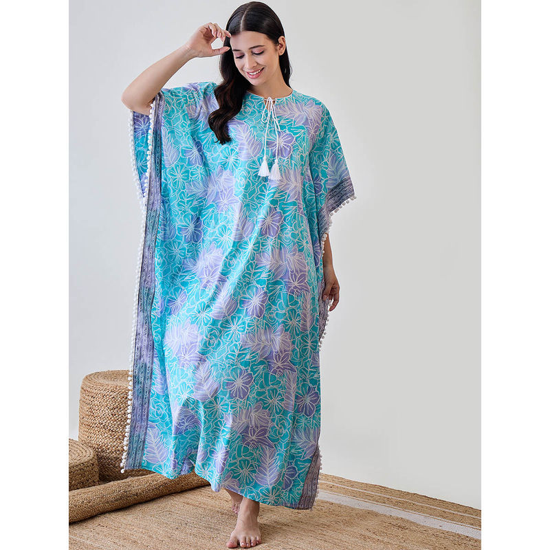 The Kaftan Company Abstract Floral Bright Blue Pom Pom Cotton Night Wear Kaftan (S)